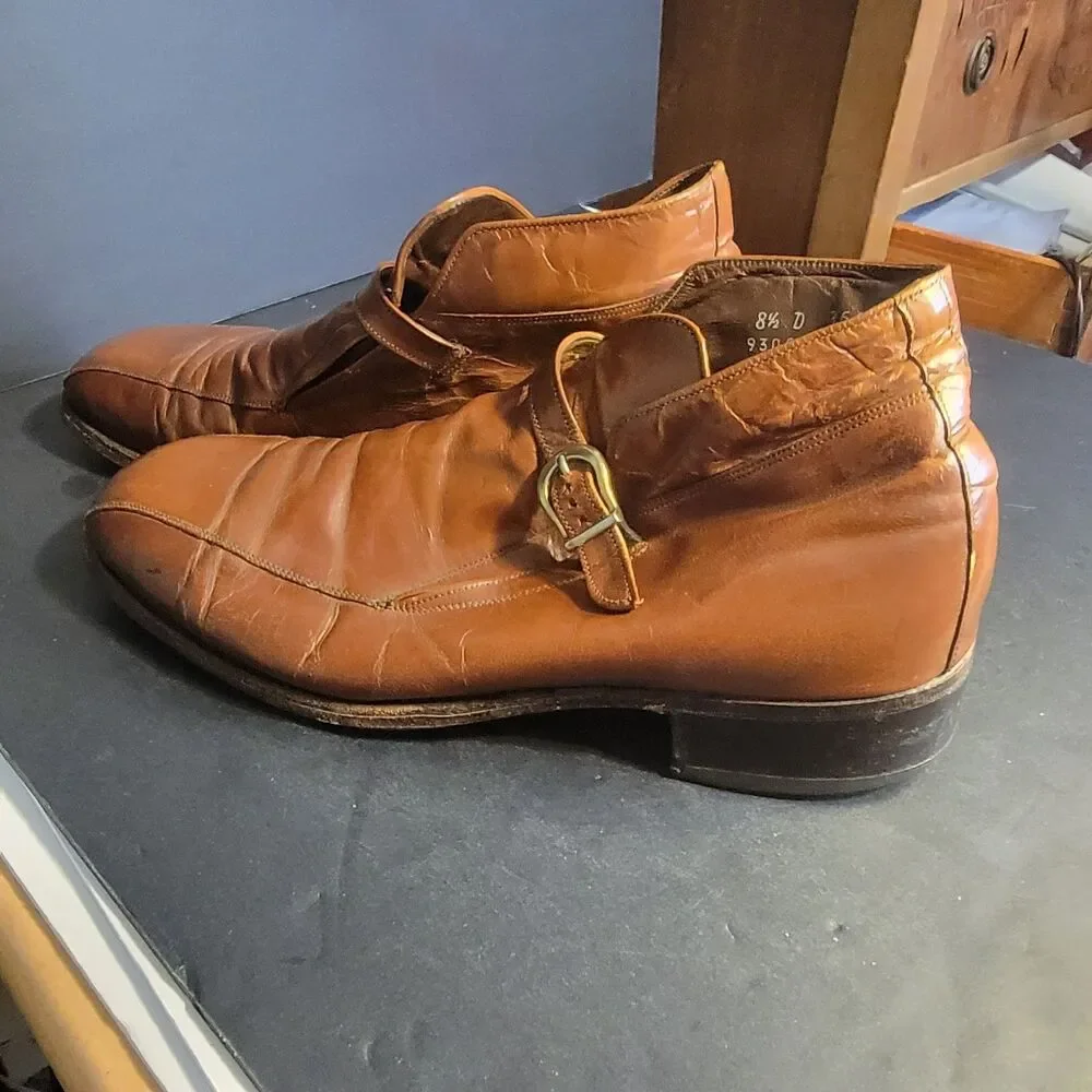 Men's Brown Leather Florsheim Jodhpur Ankle Boots with Buckle - US 8.5 D Vintage